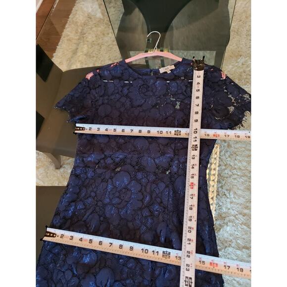 NSR Fit & Flare Dress Women Medium Blue Floral Overlay Lined Fringe Keyhole Back - Picture 8 of 14